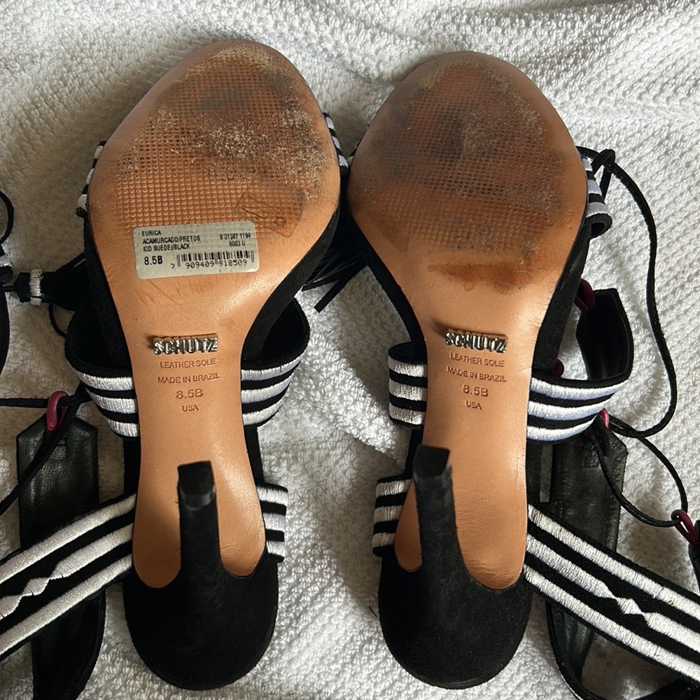 Black Suede Lace up Schutz Heels w/ Pink, White, & Fringe Detail (Size 8.5) - Picture 7 of 12